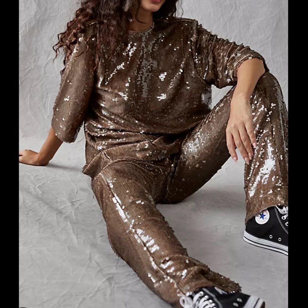 Free People Sabina Musayev Nancy Sequin Top & Pants Set in Chocolate - Picture 3 of 9